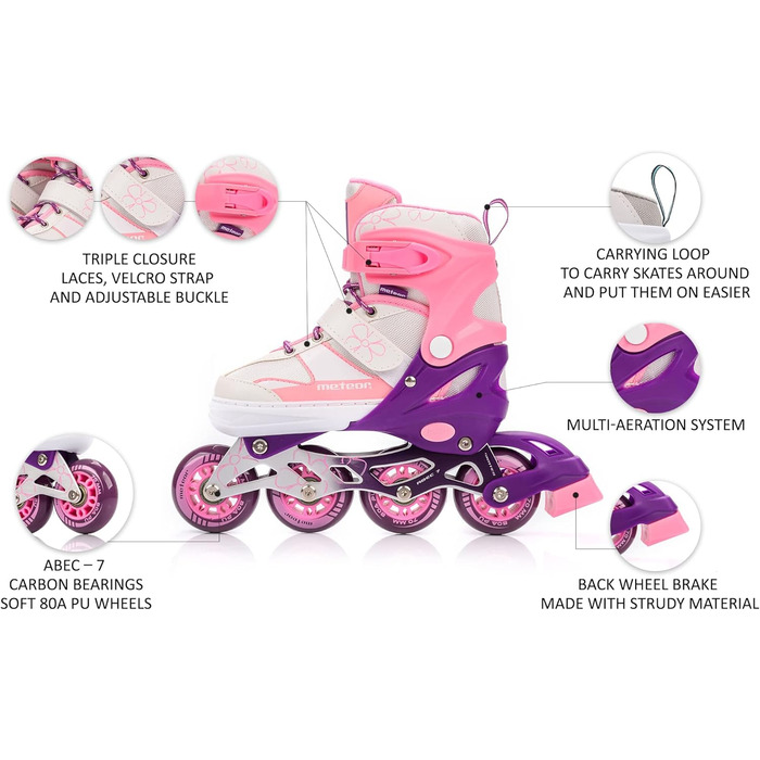 Дитячі ролики Meteor Rox з регулюванням – ролери для дівчаток та хлопчиків, ABEC-7 підшипники, PU-колеса 72 мм, 80A, алюмінієвий фрейм, розміри S30-33, M34-37, L38-41 (рожеві)