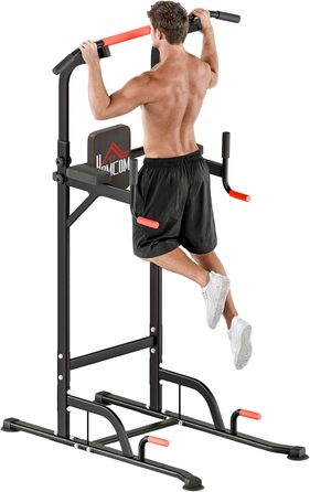 HOMCOM Турнік Power Tower з регулюванням, багатофункціональна фітнес-станція, 189-239см, сталь, чорний/червоний