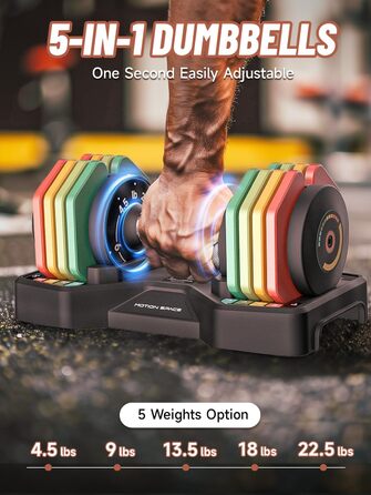 Регульований набір гантелей Motion Space, 5.7-10.2 кг, швидка зміна ваги, металеві гантелі з неслизькими ручками, компактний для тренувань вдома, колір: Райдуга, загальна вага: 10 кг