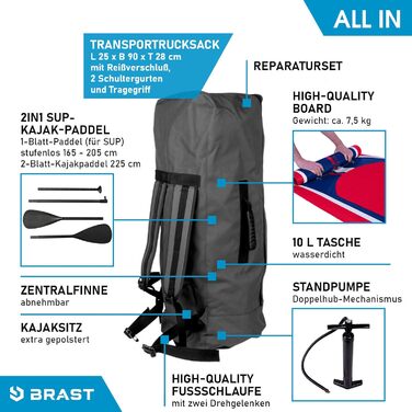 Надувна SUP дошка BRAST Shark 300-320 см, комплект: 2-в-1 весло, сидіння для каяка, тримач для екшн-камери, насос, рюкзак, 5 років гарантії