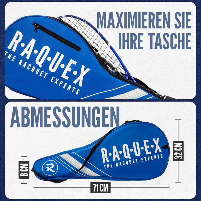 Сумка для ракеток Raquex: теніс, сквош, бадмінтон, 2 ракетки, з ременем, синя/чорна