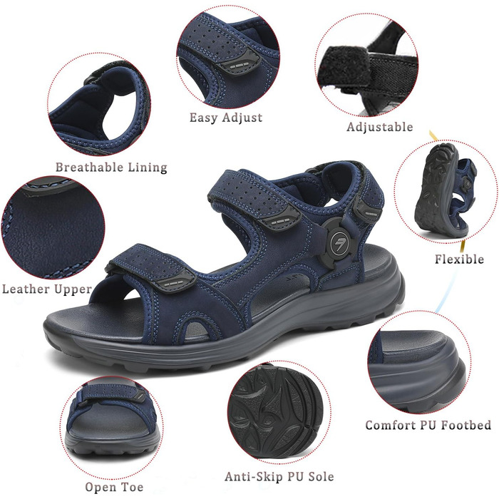 Чоловічі сандалі FLARUT для трекінгу та активного відпочинку, шкіра, відкритий носок, сині (45 EU)