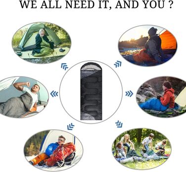 Спальний мішок 3-4 сезони для дорослих та дітей - легкий, водонепроникний, для кемпінгу та подорожей (86.61''x31.49'', темно-сірий)