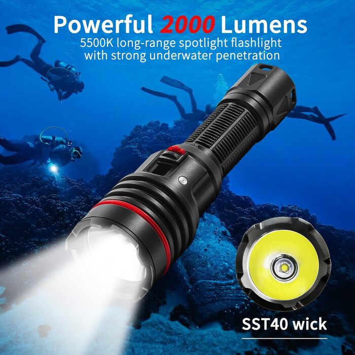 Ліхтар для дайвінгу LetonPower 2000 Lumen, 100м водонепроникний, акумулятор Type-C, для дайвінгу та відпочинку на природі (Sm-16)