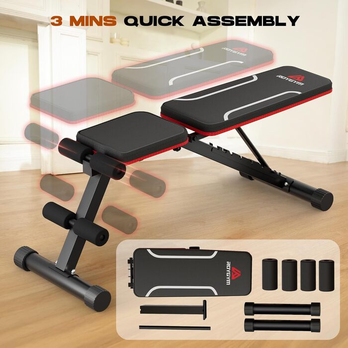 Складана лава для тренувань Roygym, мультифункціональна, з регульованою спинкою, для загальної фізичної підготовки, витримує до 400 кг, чорно-червона