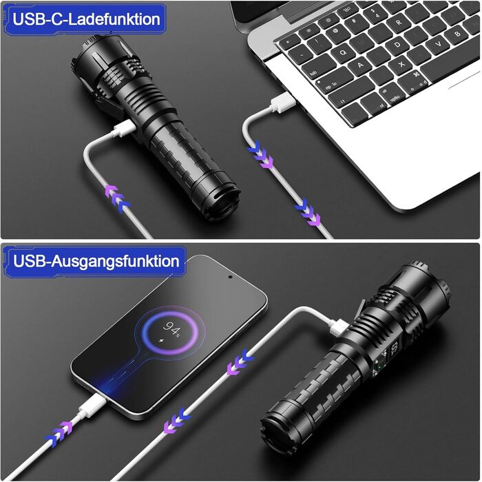 Ліхтар Jayxinli 500000 Люмен, акумуляторний, надпотужний, з регулюванням фокусу, 3 режими, тактичний, для кемпінгу, надзвичайних ситуацій та повсякденного використання, чорний