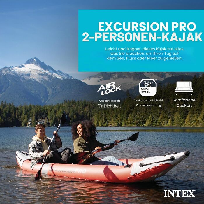 Надувний двомісний каяк INTEX Excursion Pro з веслом 218 см та насосом, SuperTough PVC, з тримачами для вудок та регульованими сидіннями