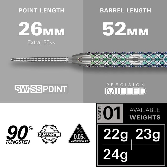 Професійні дартси Target Rove Swiss Point, 90% вольфраму, стілдарти, 23 г, зелено-сріблясті, набір з інструментом