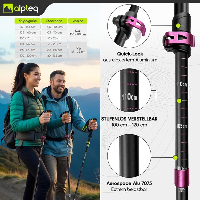 Тrekking-стійки для ходьби та гірських прогулянок: карбонові та алюмінієві, з ручками з корку | Дамські та чоловічі | Телескопічні, регульовані (алюміній 100-120 см, рожевий)