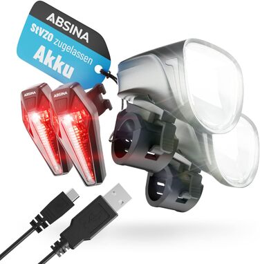 LED набір велосипедних фар ABSINA, USB, 200м, 100 Люкс, StVZO, передня та задня фара, акумуляторна велосипедна лампа