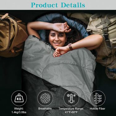 Спальний мішок Yarmiene 3-4 сезони, для дорослих та дітей, чорний+сірий