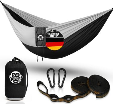 Гамак Monkey Swing ультралегкий з карабіном та стропами (до 300 кг) – 275 x 140 см, для кемпінгу, відпочинку на природі, трекінгу та подорожей (зелений/хакі, чорний)