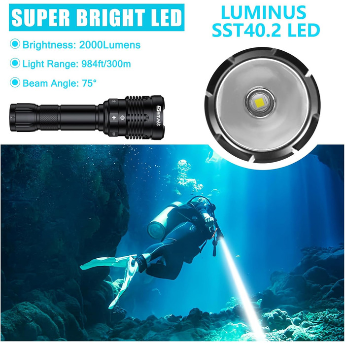 Підводний ліхтар Genwiss GN-T45: 2000 люмен, 150 м, 5 режимів, індикатор заряду батареї. Професійний для дайвінгу та освітлення