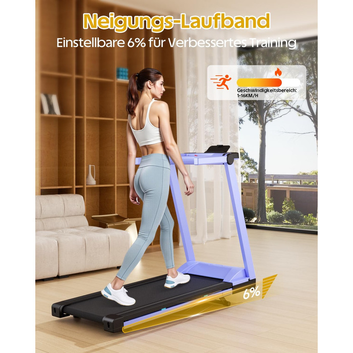 Lacuffy Біговий тренажер для дому, складаний, Walking Pad з нахилом 6%, велика площа для бігу 112 * 42 см, вантажопідйомність 158 кг, для високих людей (Синьо-Чорний)
