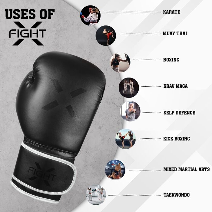 FightX Боксерські рукавички для MMA, тренувань і спарингів, легкі та важкі, для чоловіків і жінок, чорні