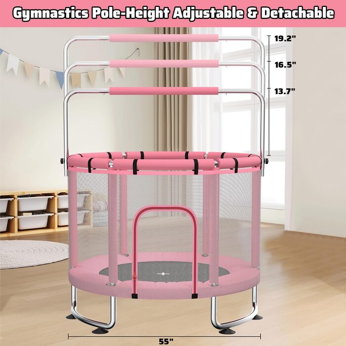 Дитячий батут з сіткою безпеки, регульованою перекладиною та гойдалкою, для хлопчиків та дівчаток 3-6 років (Рожевий)