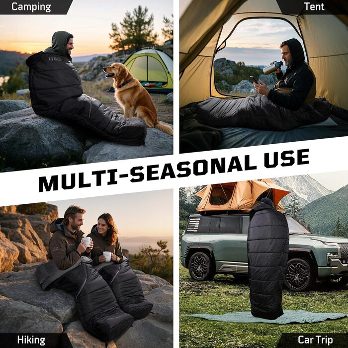 Спальний мішок Mummy Ultralight 4 сезони, військовий, вітрозахисний для кемпінгу, туризму, подорожей з капюшоном та кишенею для телефону, чорний