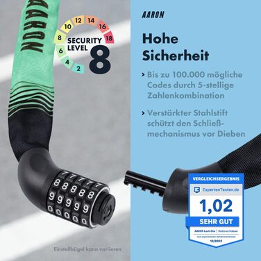 Замок для велосипеда AARON Lock One: сталевий ланцюговий замок з 5-значним кодом, високий рівень захисту, підходить для E-bike, MTB, Trekking, Tour та шосейних велосипедів (М'ятний)