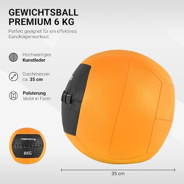 М'яч для фітнесу MSports Wall-Ball Premium 2-10 кг, медичний м'яч 6 кг, помаранчевий
