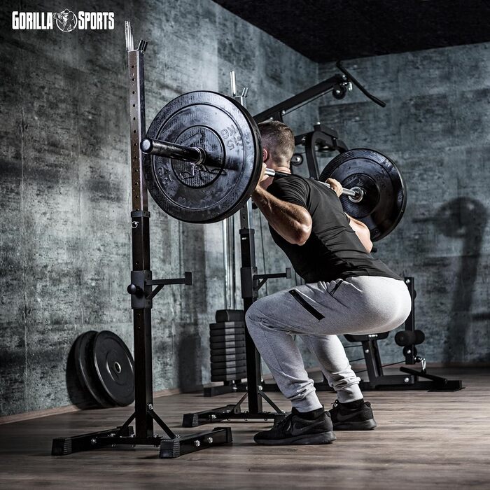 Стійка для штанги GORILLA SPORTS з набором гантелей 35 кг, SZ-грифом 120 см, регулювання висоти 6 і 14 рівнів, до 500 кг, сталь – стійка для штанги, присідань, Squat Rack