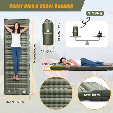 Isomatte Camping Саморозкладаючася, 12 см, Товста Надувна Матрац для Туризму, Водонепроникна Матрац з Ніжкою-Накачувачем та Подушкою, Анти-Тріпстоп Спальник для Піших Походів та Пляжу, Оливковий (Армійний)