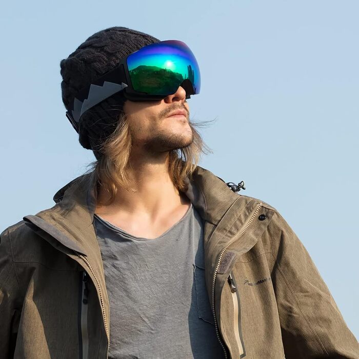 OutdoorMaster PRO: Скі-маска унісекс з змінними лінзами для жінок та чоловіків. Захист від сонця 100% UV, антитуманна, для носіння з окулярами. Підходить для сноуборду та лиж. Чорний каркас з лінзою Revogreen VLT18%