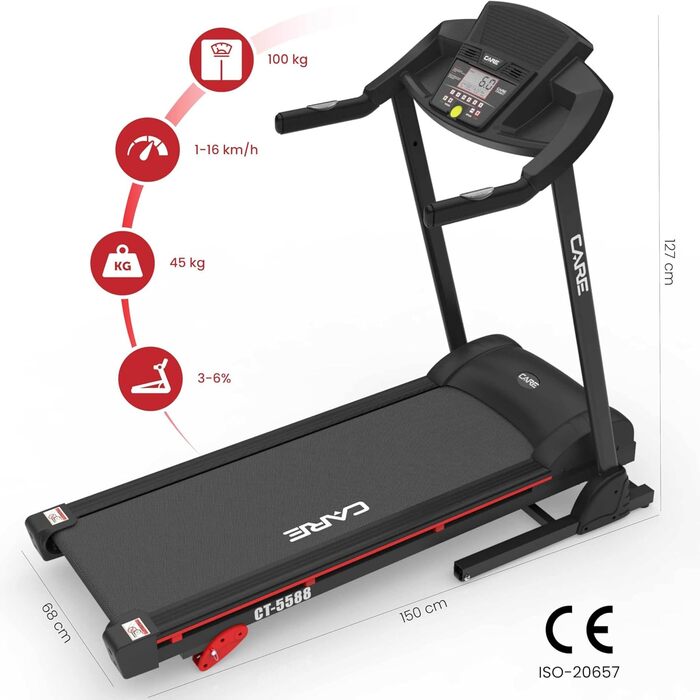 Електрична бігова доріжка Care Fitness CT-5588-2, складна, з нахилом, 16 км/год, 12 програм, сумісна з Kinomap