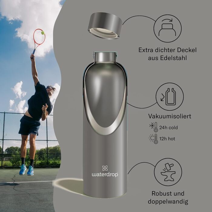 Термобутилка waterdrop® 600 мл із нержавіючої сталі, подвійні стінки, герметична, збереження холоду до 24 годин, тепла до 12 годин, підходить для газованої води, ударостійка