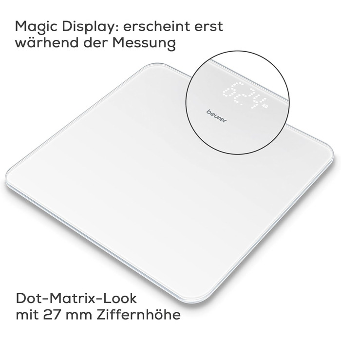 Цифрова скляна вага Beurer GS 225 біла, Magic-Display, Dot-Matrix-дисплей, для людей