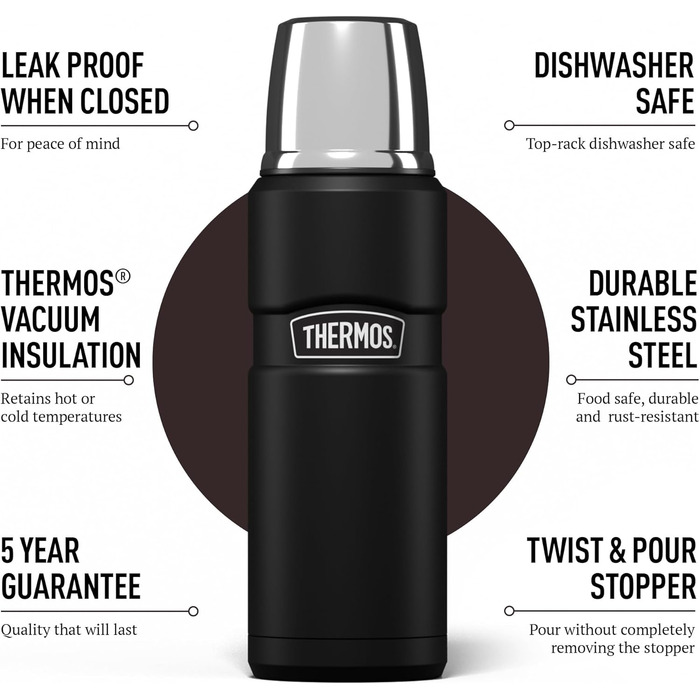 Термос Thermos Stainless King 470 мл багатоцільовий, оригінальний стиль, ізольована пляшка для подорожей і щоденного використання, чорний