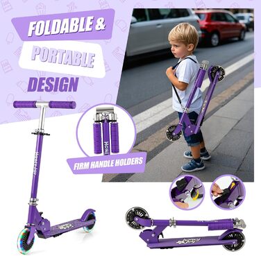 Самокат дитячий Kinder Scooter з LED-колесами, алюмінієвий, складаний, 3 регульовані висоти, до 50 кг, фіолетовий, зі стійкою та ременем безпеки