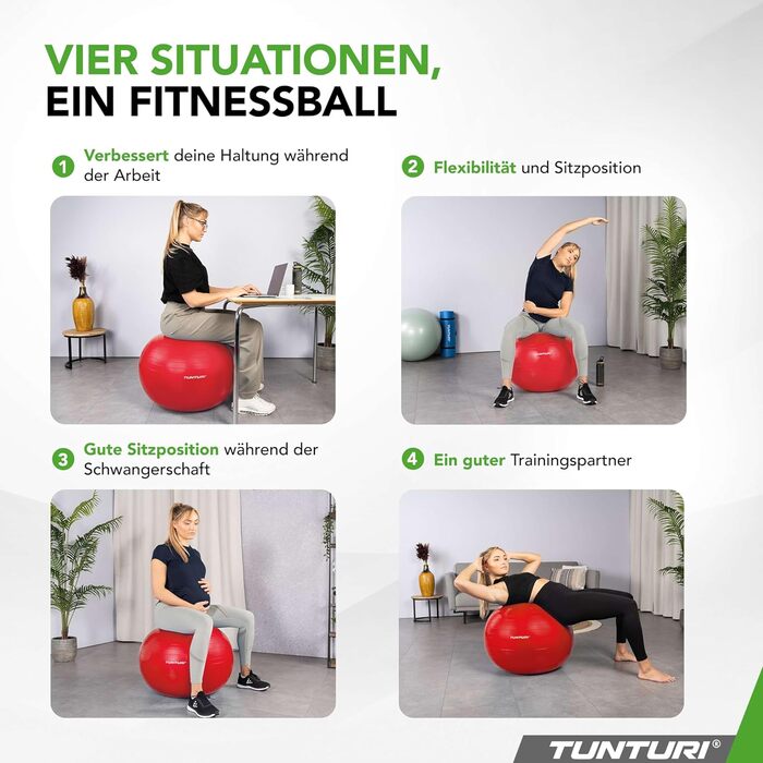 Фітнес-м'яч Tunturi Anti-Burst з насосом, 65 см - для йоги, пілатесу, вагітності, 220 кг, з тренувальним додатком, червоний