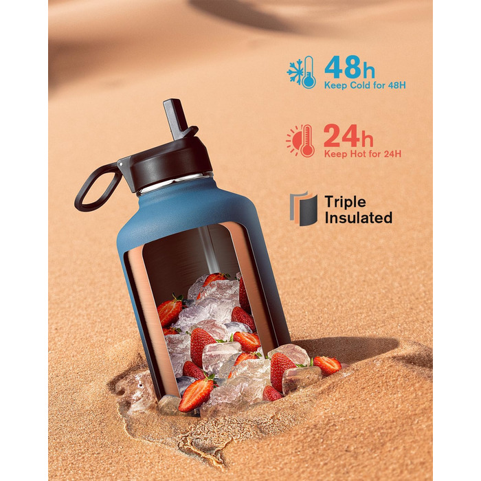 Термос пляшка для води 2 л Coolflask з нержавіючої сталі з трубочкою та 3 кришками, подвійна вакуумна ізоляція, для спорту та офісу, сірий, не протікає