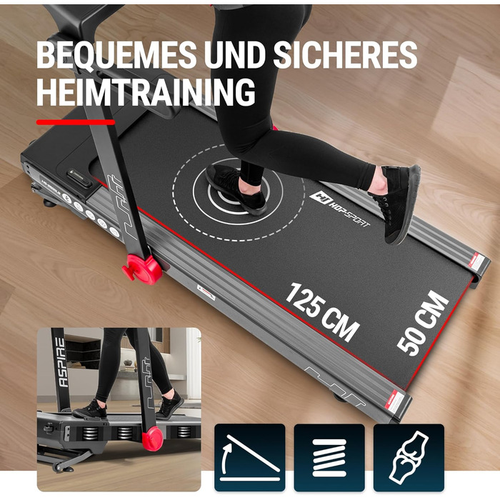 Бігова доріжка Hop-Sport Aspire HS-2500LB для дому, 3 к.с., 50x125 см, до 18 км/год, USB, Bluetooth, дисплей, навантаження до 150 кг, нахил до 15°