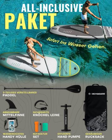 Надувна SUP-дошка HEYBOARD 320x81x15 см з веслом, насосом, рюкзаком та лішем для сап-серфінгу та водного спорту, фібергласове весло
