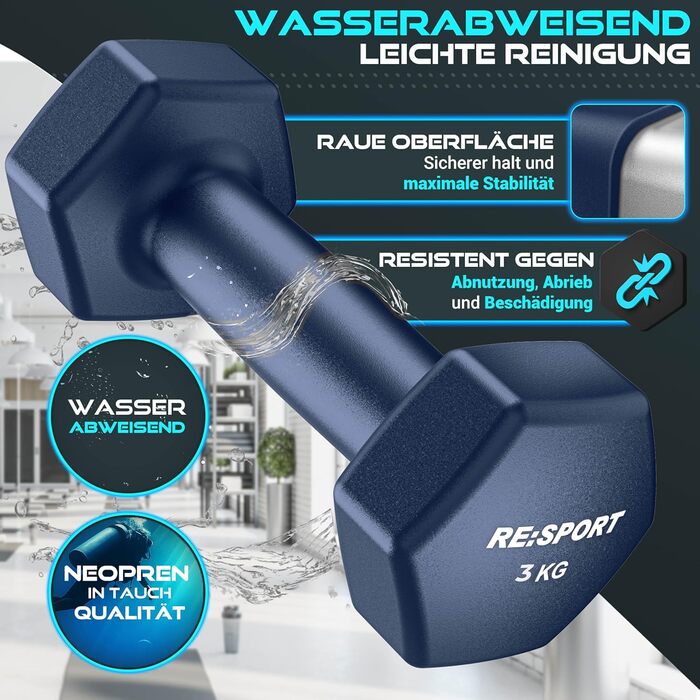 Набір гантелей RE:SPORT® 3 пари (1-5 кг, 12 кг або 18 кг) зі стійкою + 3 фітнес-гумки | Нековзкі гантелі з неопрену для жінок та чоловіків | Набір гантелей 12 кг, блакитний/сірий/темно-синій