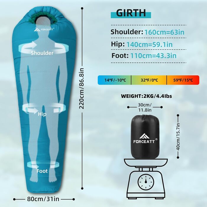 Спальний мішок Forceatt -10°C~15°C, 4 сезони, для дорослих, водонепроникний, ultralight, для кемпінгу, подорожей, відпочинку на природі.