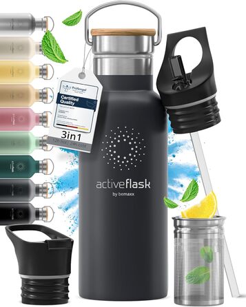Термос-термобутилка з нержавіючої сталі ACTIVE FLASK 530 мл, з трубочкою, 3 кришки, BPA-free, герметична, для газованих напоїв, велосипедна пляшка для води, спорту, дітей, чаю, Cool Grey Bamboo