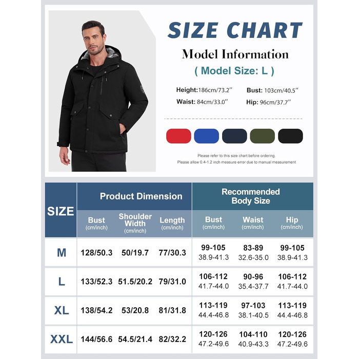 Зимова куртка для чоловіків, водонепроникна, для катання на лижах та сноуборді, тепла, з капюшоном та компасом (Синій, M), Чорний L