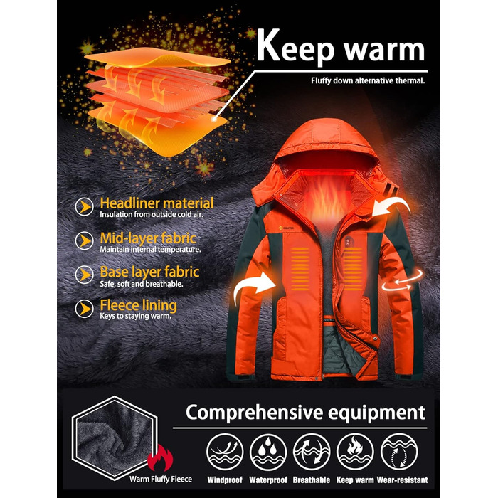 Чоловіча зимова куртка GEMYSE з капюшоном, вітро- та водонепроникна, з флісовою підкладкою для активного відпочинку (M, Помаранчевий/Сірий 08)