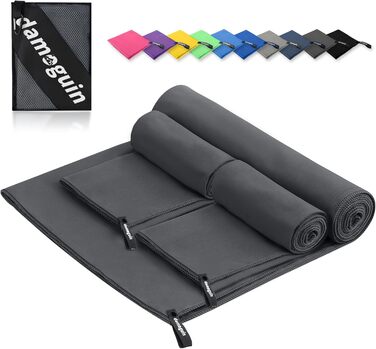 Набір рушників Damoguin 3 шт. з мікрофібри (великий 180x80 см, 2 шт. малі 80x40 см) – швидковисихаючі спортивні рушники для фітнесу, пляжу, басейну та подорожей (темно-сірий)