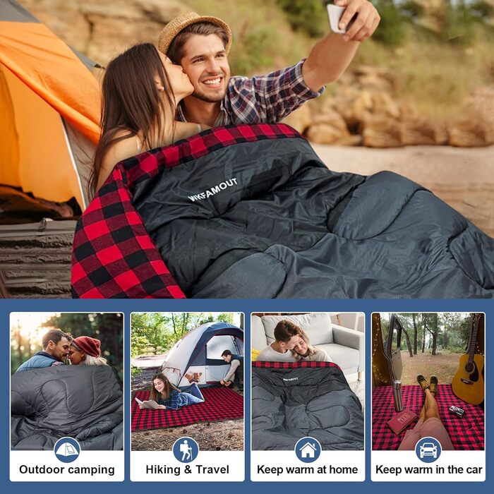 Спальний мішок для двох дорослих, ковдровий, водонепроникний, фліс, 220x150 см, чорний, з сумкою для зберігання