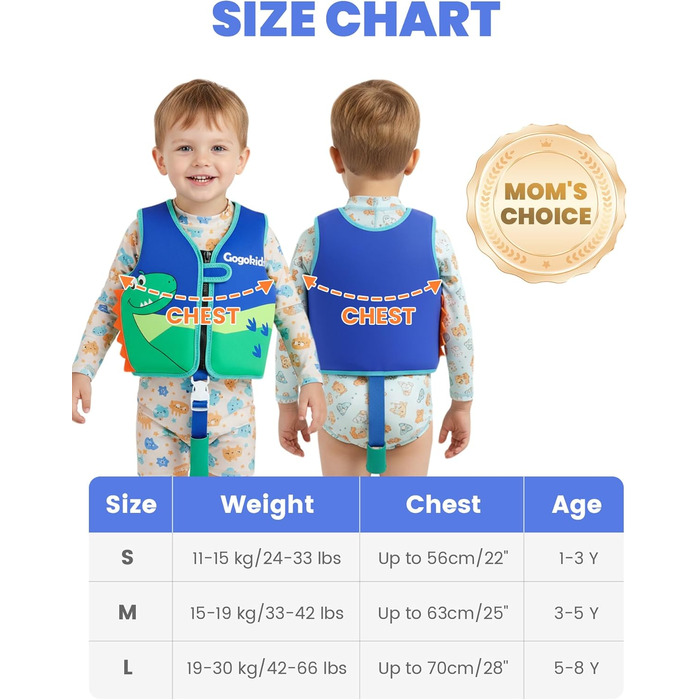 Дитячий жилет для плавання Gogokids 15-30 кг, для навчання плаванню, для малюків, неон, неопрен, регульований, 1-8 років (Зелений динозавр, L (5-8 років))