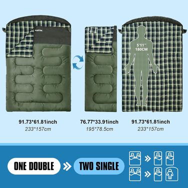 Спальний мішок для двох дорослих з флісу, зимовий, з подушками та сумкою для перенесення, 233*157 см, зелений