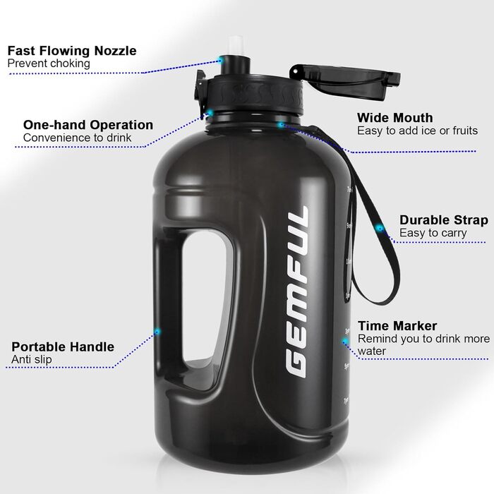 Пляшка спортивна GEMFUL 3л з мітками часу, соломинкою та ручкою, BPA-free, герметична, для фітнесу, тренувань та активного зволоження (Сіра/Чорна)