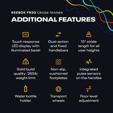 Еліптичний тренажер Reebok FR30 з Kinomap, маховик 9 кг, LED-дисплей, 32 рівні опору, 18 програм