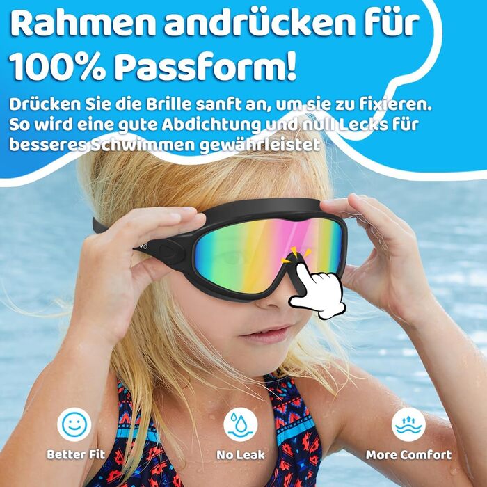 Дитячі окуляри для плавання Vvinca з носовими затискачами, 3-14 років, широке поле зору, захист від запотівання та UV, водонепроникні