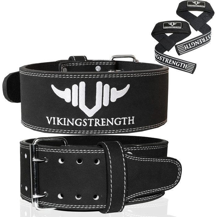 Преміум шкіряний пояс для важкої атлетики Vikingstrength з тяговими лямками, для чоловіків і жінок, для присідань, пауерліфтингу, кросфіту, станової тяги, розмір M-4XL, з додатком V-Strength