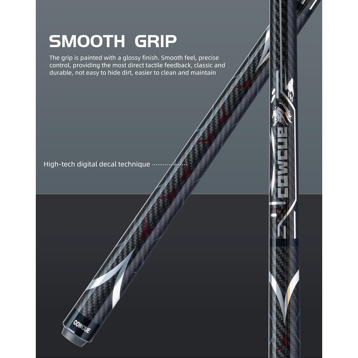 Більярдний кий CRICAL з карбону, 147,3 см, професійний, з'єднання 3/8 x 8, наконечник 12,5 мм, COWCUE-02