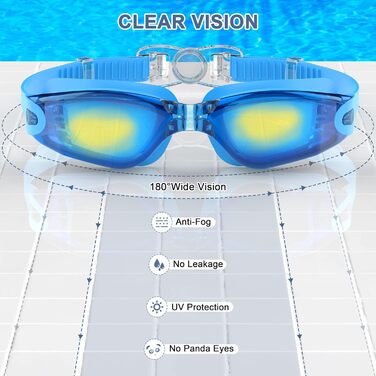 Окуляри для плавання дорослі та дитячі - антизапарні, HD-лінзи, захист від УФ, водонепроникний ущільнювач для тренувань, пляжу/басейну - зручна посадка, унісекс для чоловіків та жінок (2600-BLUE)
